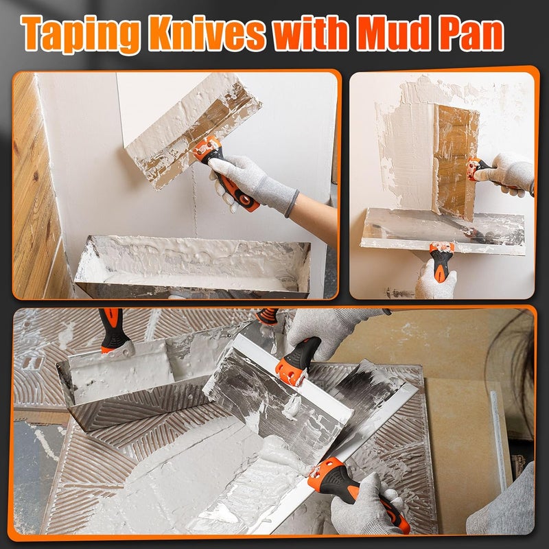 THINKWORK Drywall Knife Set, 10Pcs Drywall Tools Include Stainless Steel Putty Knife Set, Taping Knives, Painter Scraper, 14" Mud Pan and Scoop, Spackle Tool Kit for Joint Taping, Finishing, Patching - Image 5